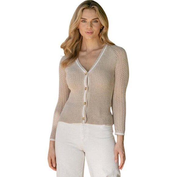 2/$24 Red Haute Pointelle V-Neck Cardigan Long Sleeve Tan with White #A0282 TRB2 - Picture 3 of 8